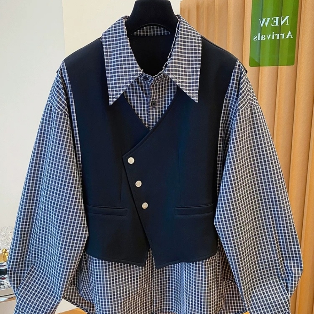 Blue Gingham Shirt Vest Layered Top